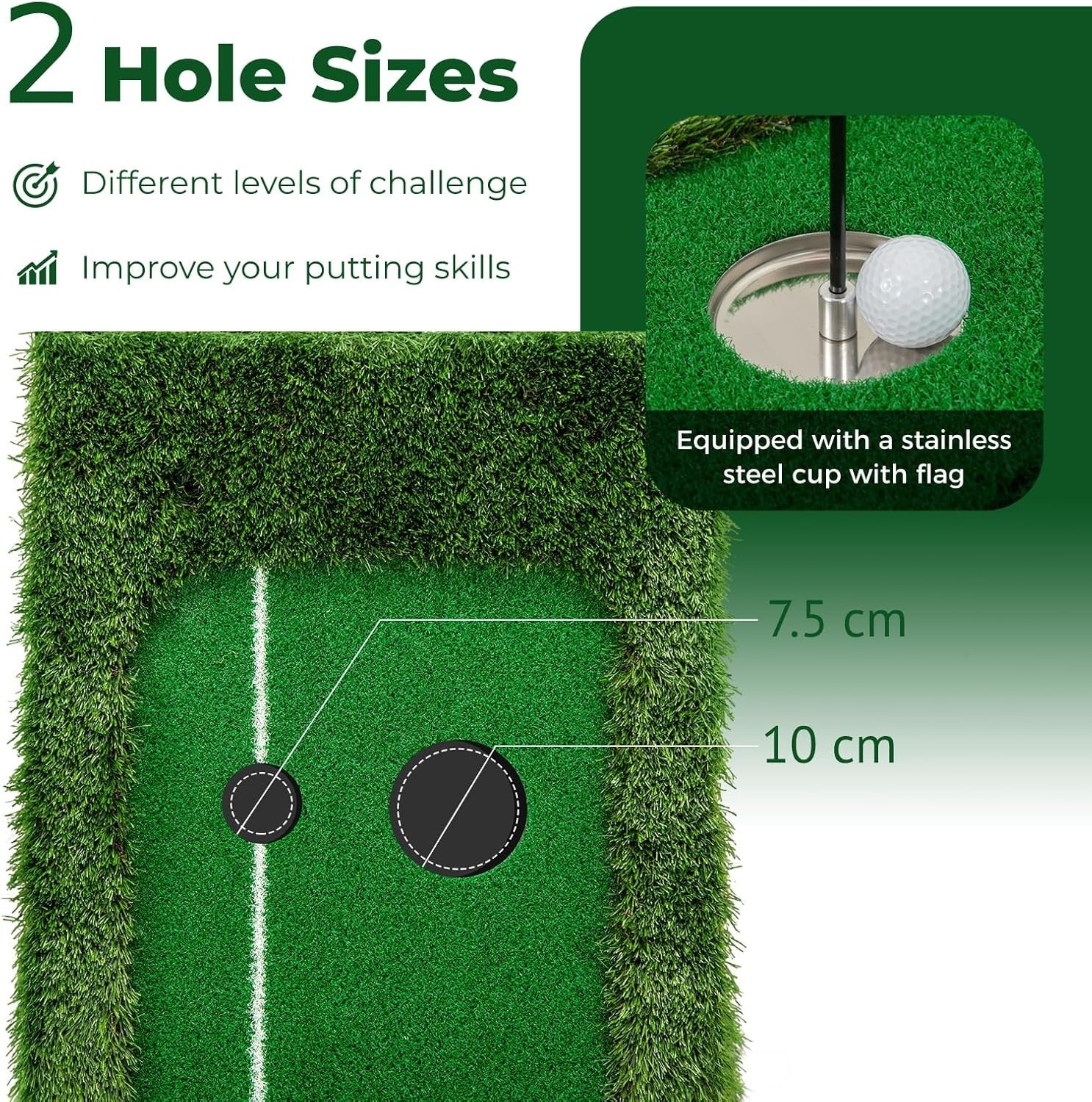 Golf Putting Green Mat 10ft Indoor Outdoor Practice Trainer 2 Holes Balls