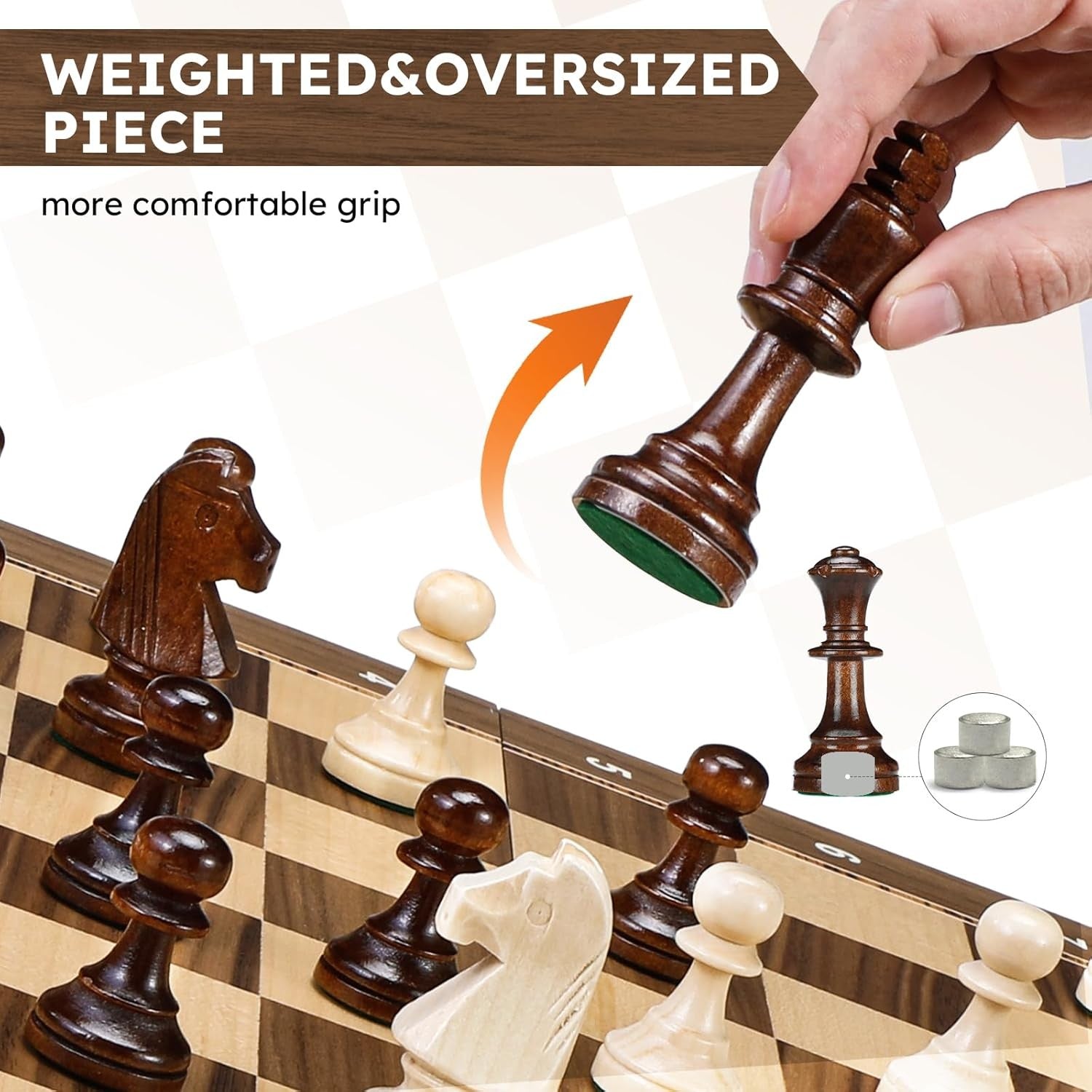 Large 19" Wooden Chess Set Foldable Tournament Board Weighted Pieces Extra Queen