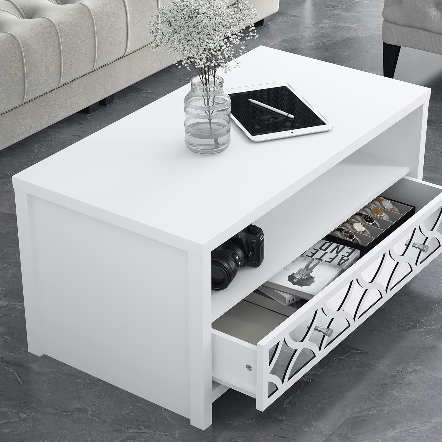 Modern Mirrored Coffee Table with Drawer – Space-Saving White Storage