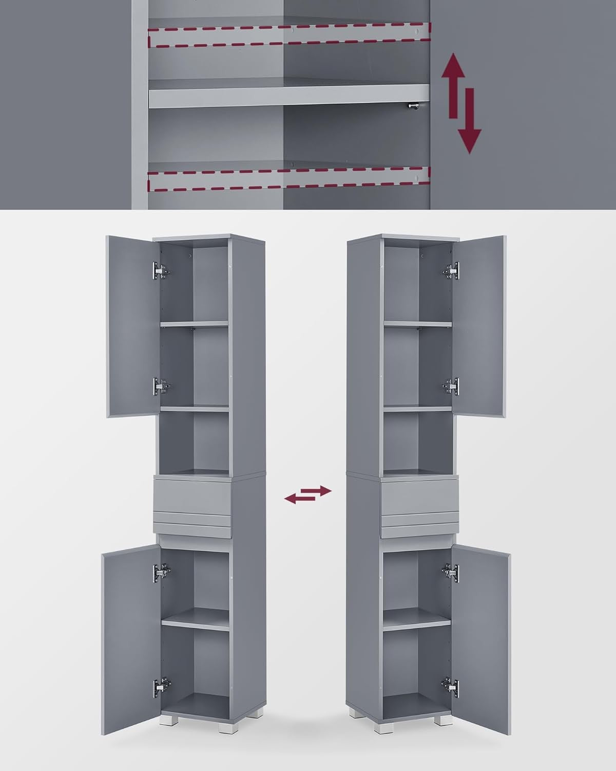 Tall Slim Bathroom Storage Cabinet Grey Cupboard with Drawer & Shelves