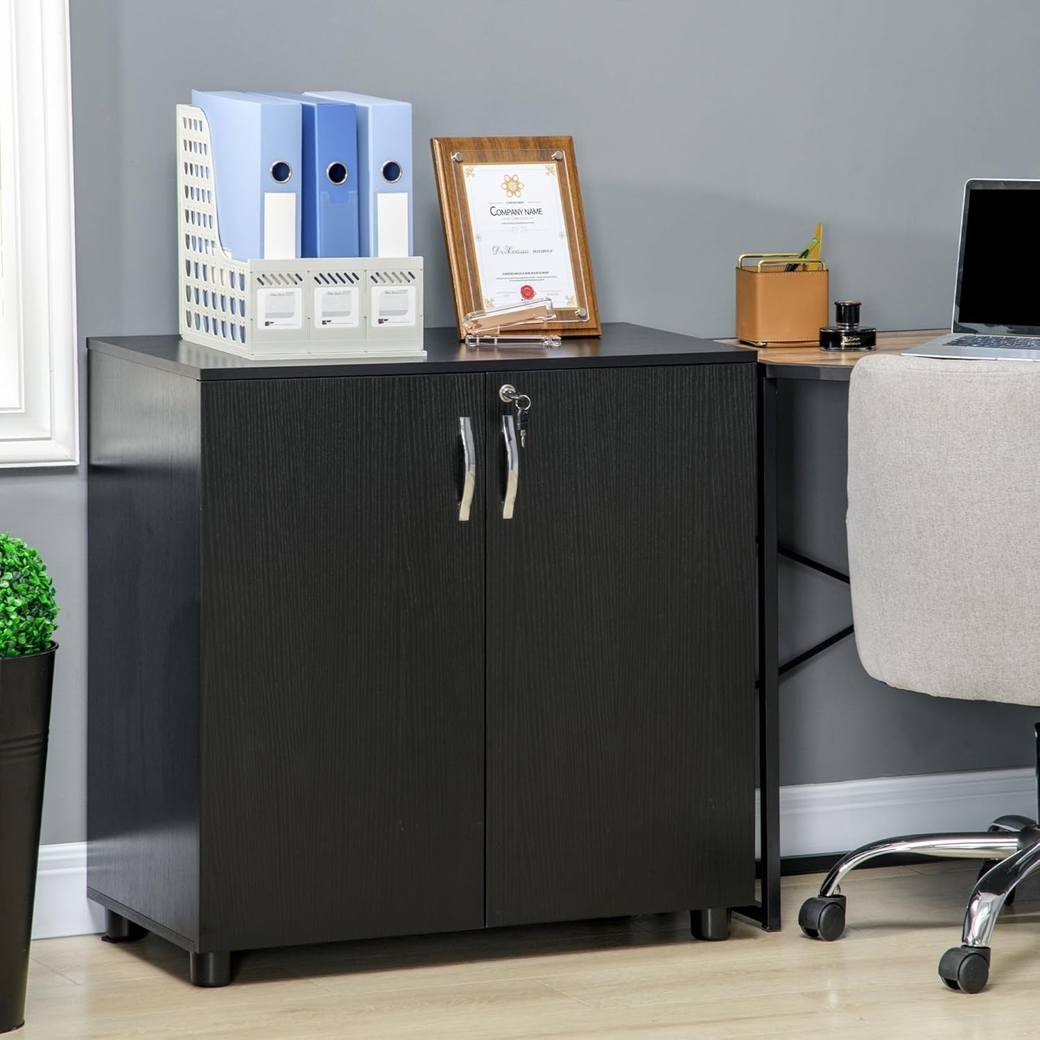 Black Lockable Filing Cabinet Office Storage Cupboard 2 Door 2 Tier Unit