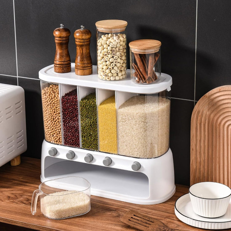 12L Wall Mounted Grain Dispenser 5 Grid Rice Cereal Storage Container