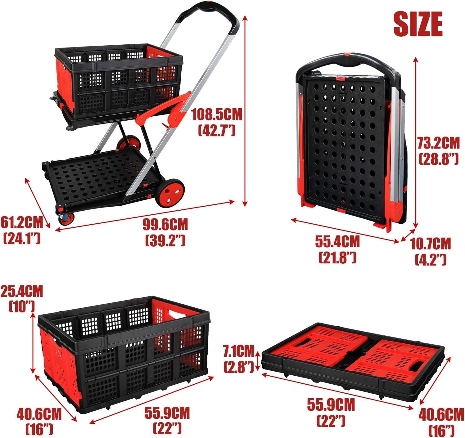 Collapsible Plastic Storage Crate Red Black Foldable Basket Box