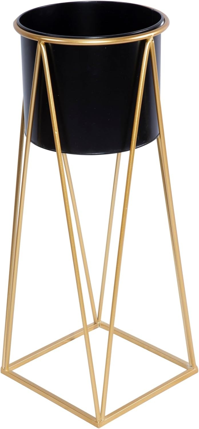 Modern Metal Planter Stand with Pot, Tall Indoor Flower Plant Holder, Black Gold