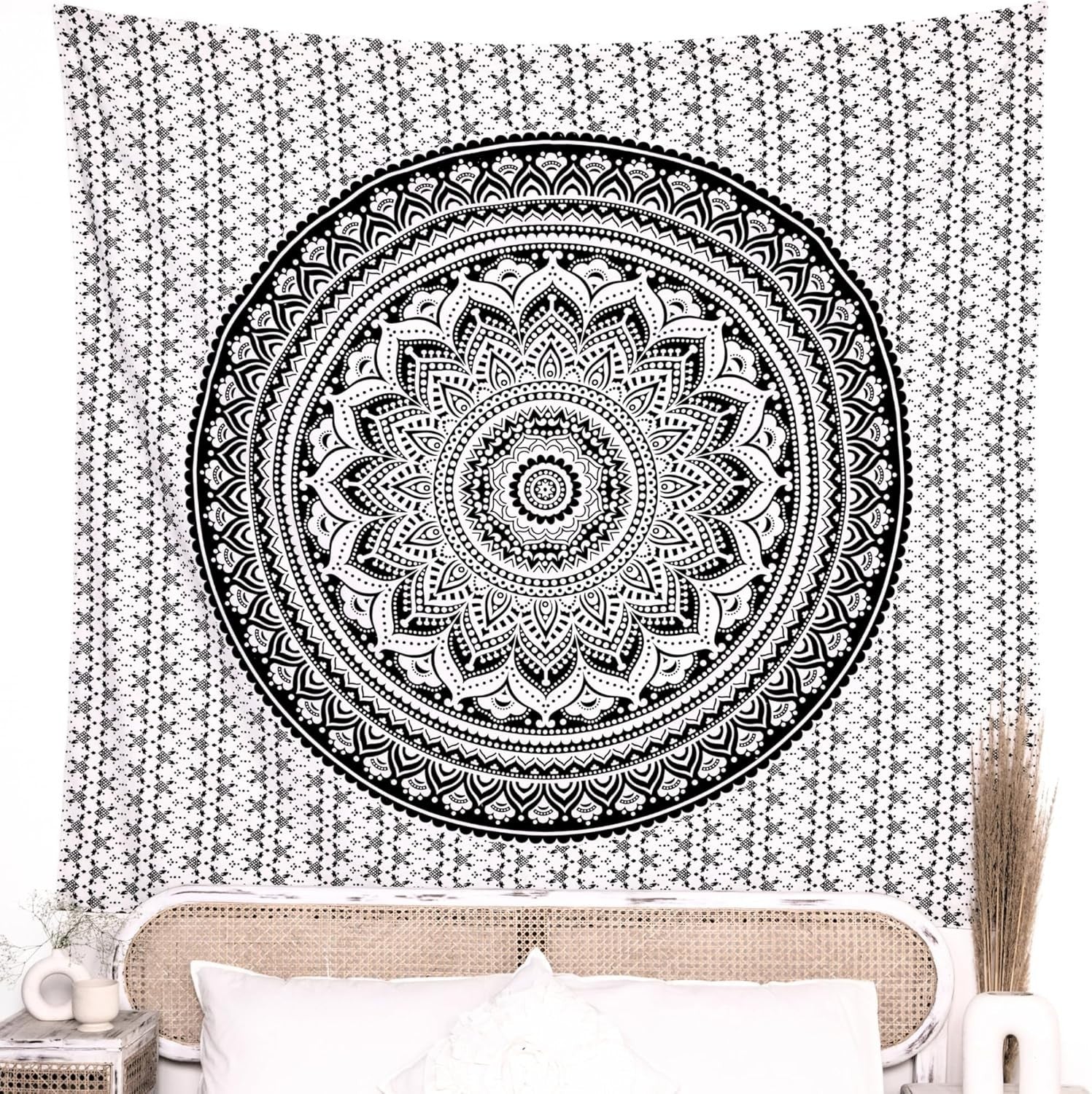Black Mandala Cotton Tapestry 213x230cm Boho Wall Hanging