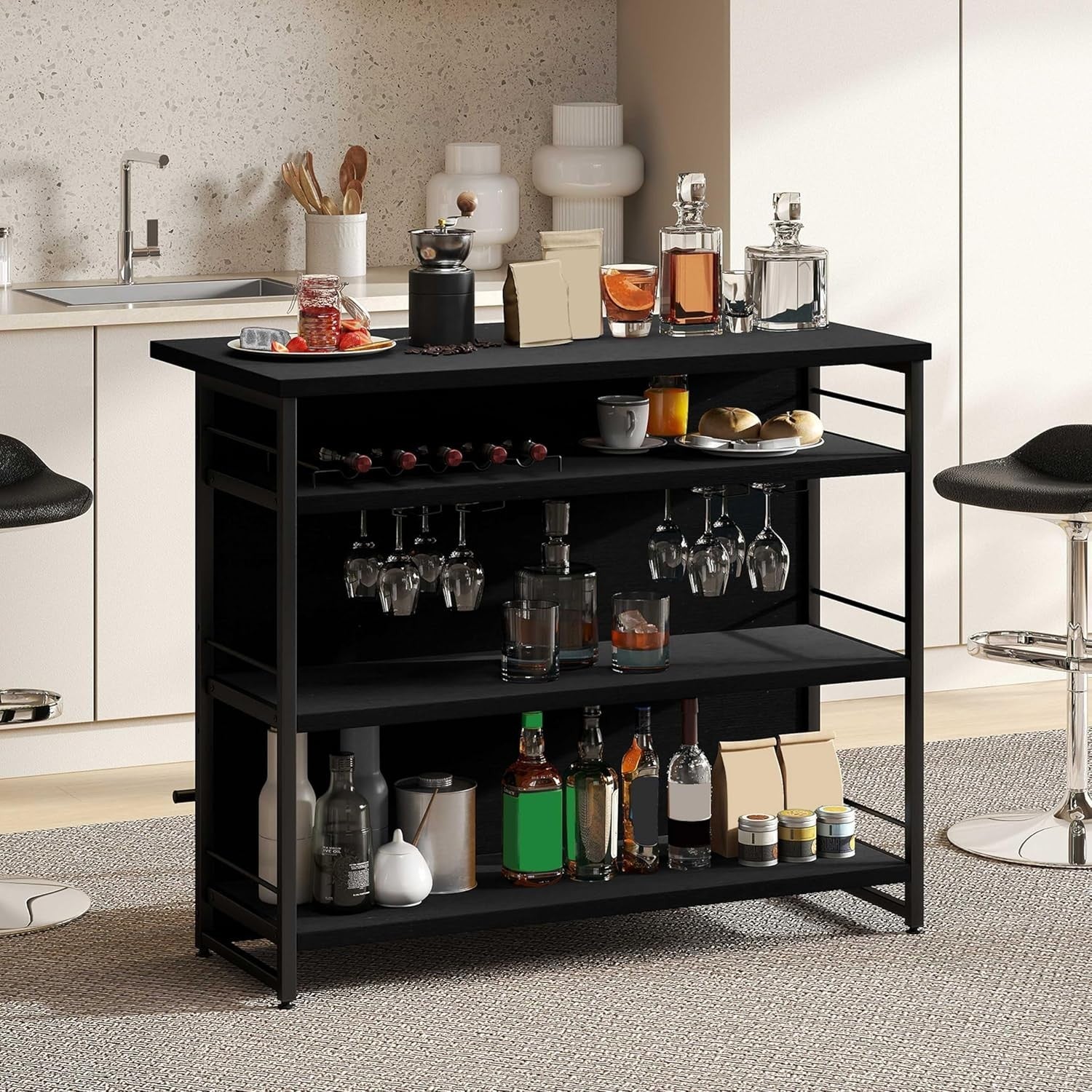 Industrial Kitchen Island Bar Table with Wine Rack Black 120x60cm