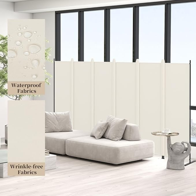 6-Panel Folding Room Divider 5.8ft Cream Privacy Screen Wall Partition Office