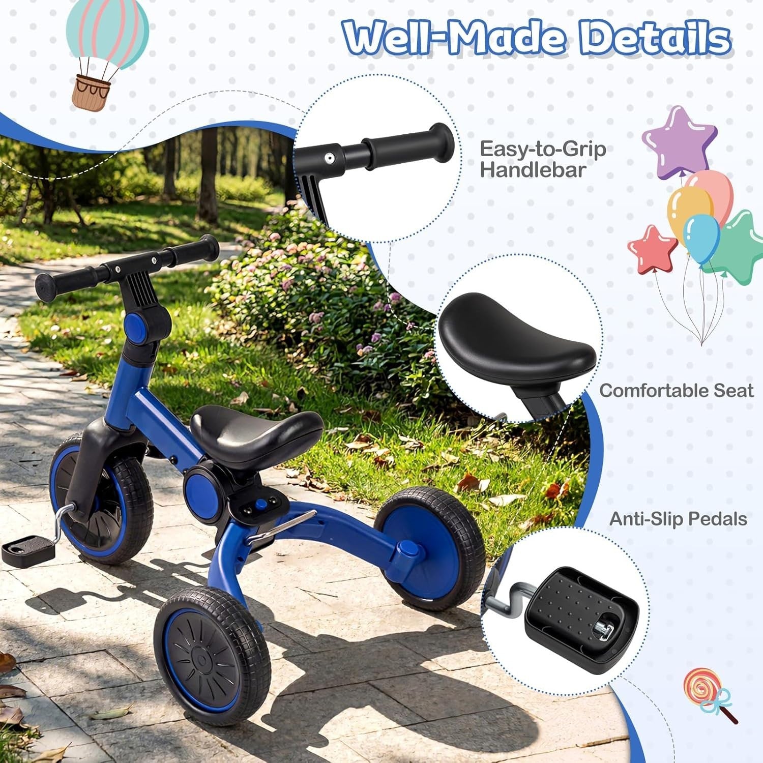 Kids Tricycle Balance Bike 2-4 Years Foldable Adjustable Handlebar Blue