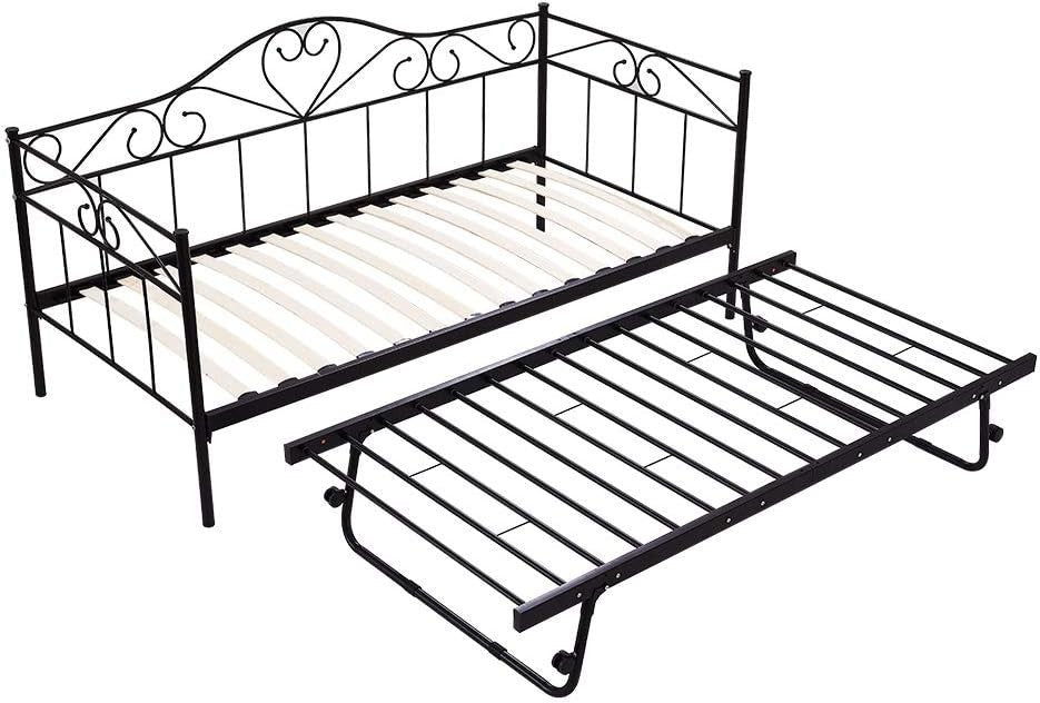 Metal Day Bed Frame with Storage Black Sofa Bed 3FT Single 90x190cm