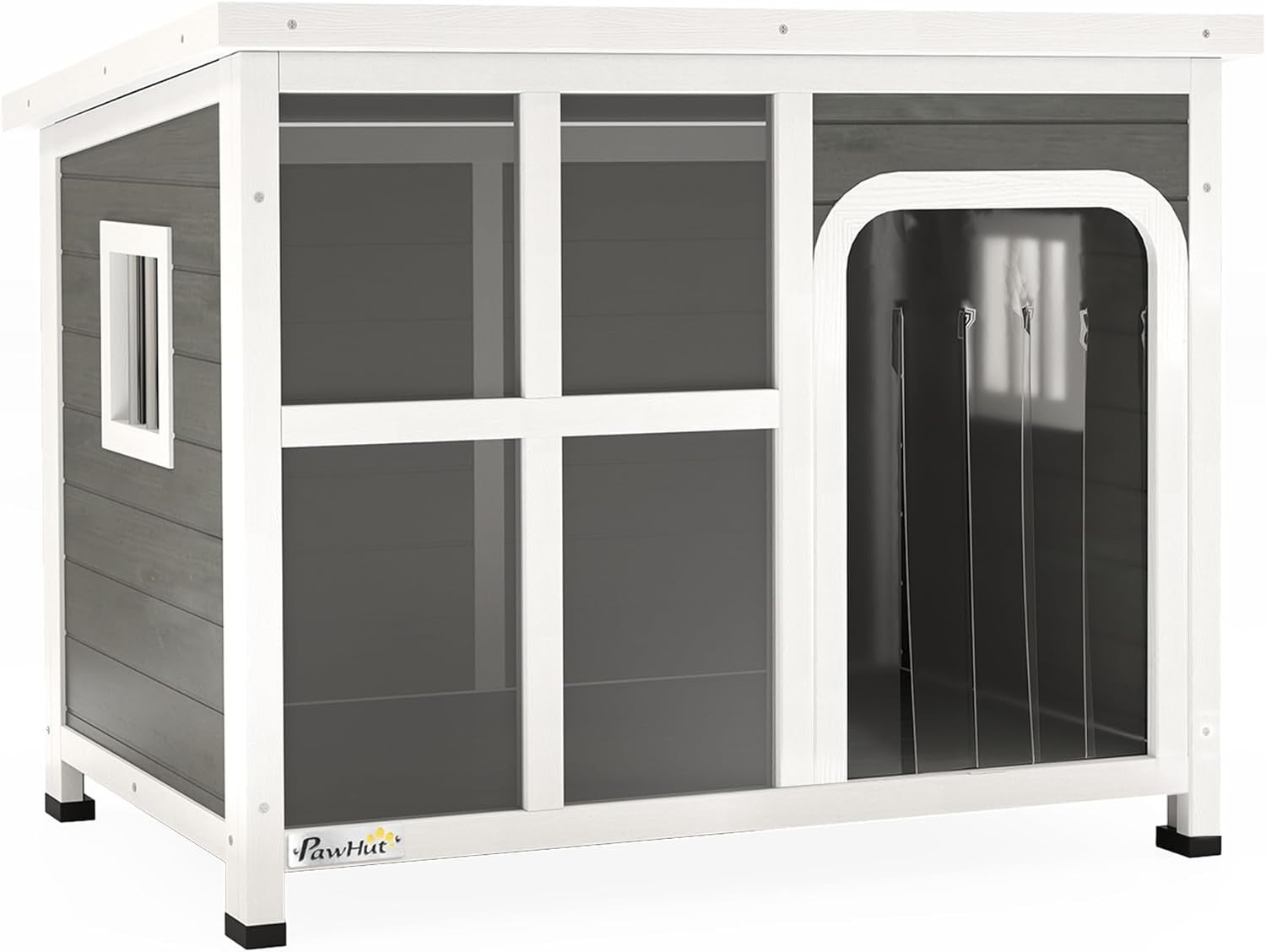 Outdoor Wooden Dog Kennel House w/ Roof, Windows, Curtain | 90x62x71cm