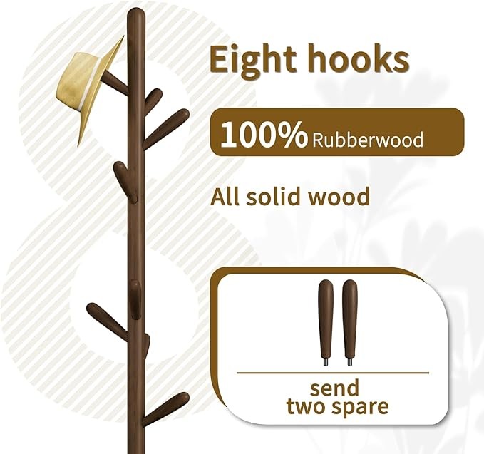 Dark Walnut Coat Rack 8 Hooks Solid Wood Round Base Freestanding Stand