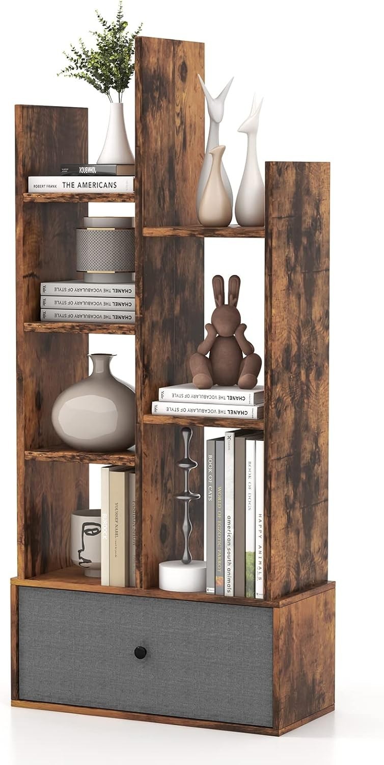 7-Tier Rustic Brown Wooden Bookshelf with Drawer, Space-Saving Storage