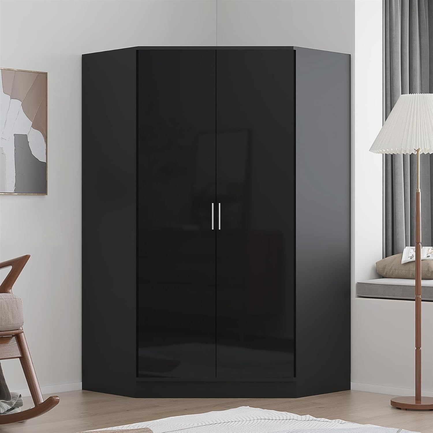 Black Gloss Corner Wardrobe 2 Door with Hanging Rails & Shelves, Space Saver