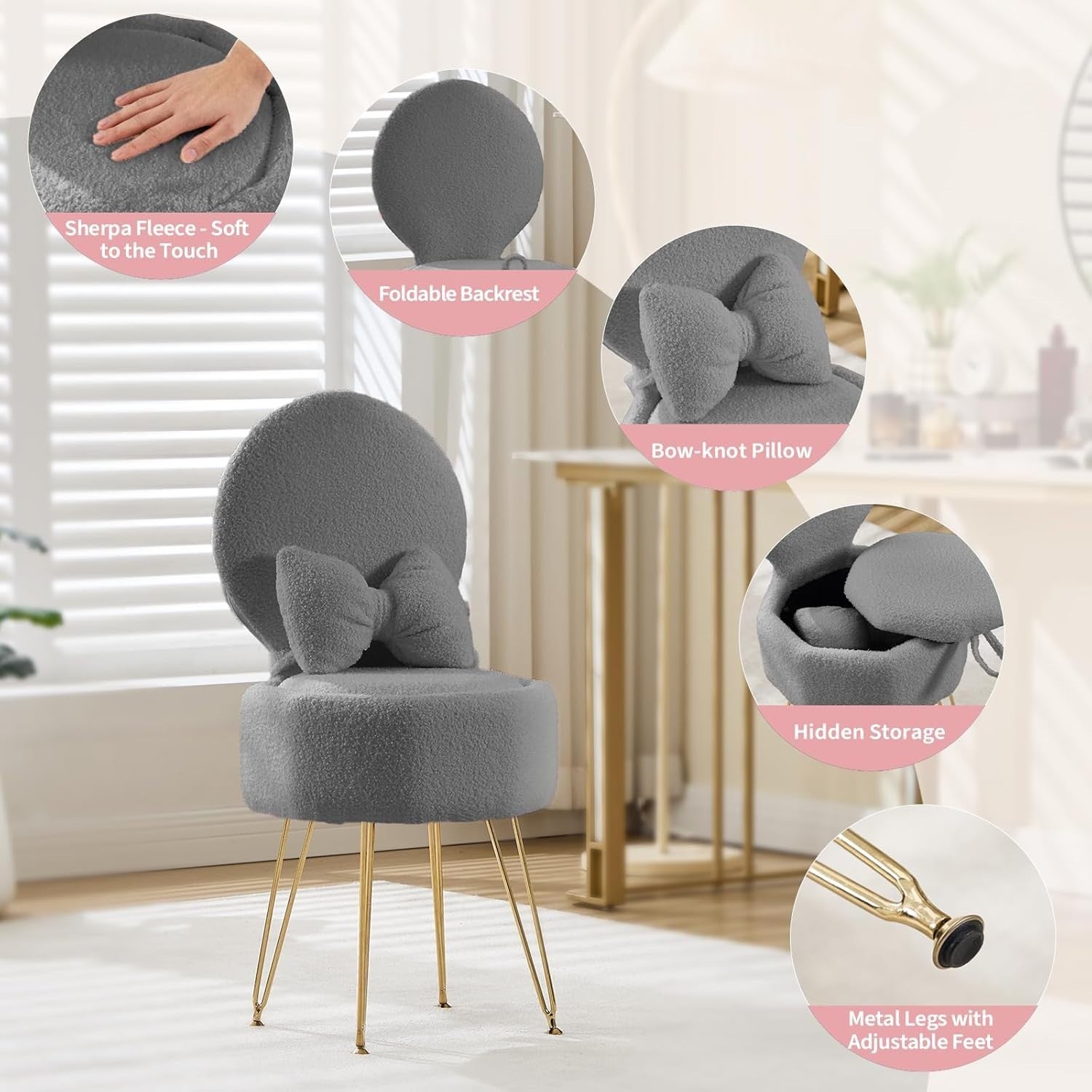 Grey Sherpa Vanity Chair with Storage & Foldable Backrest – Metal Leg
