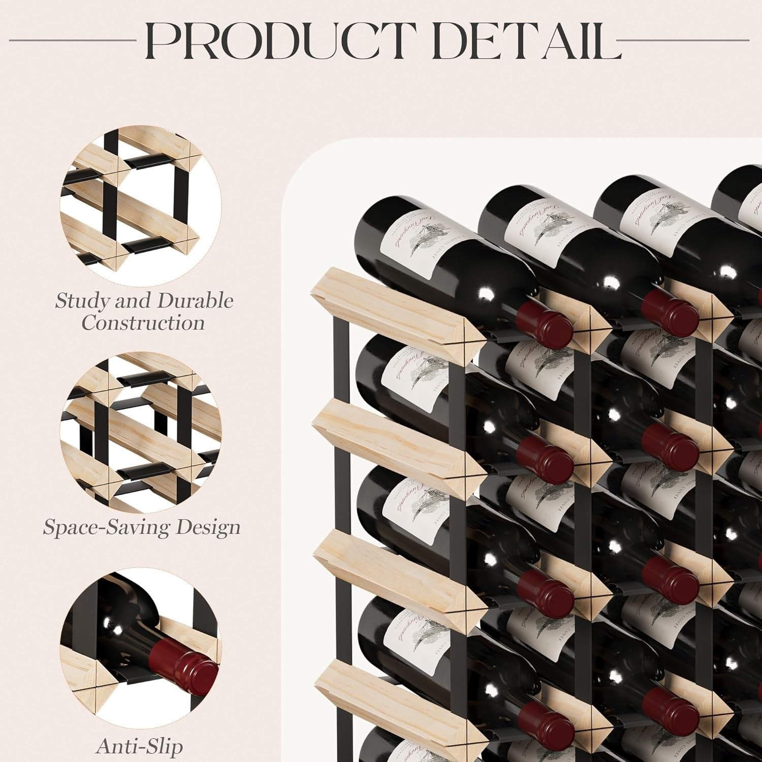 42 Bottle Wine Rack Pine Wood & Metal Freestanding Wine Storage Shelf Organizer