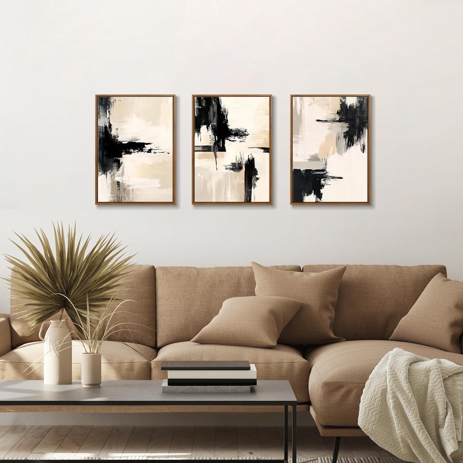 Minimalist Ink Canvas Wall Art 3 Panels 30x40 cm Modern Black Beige Decor