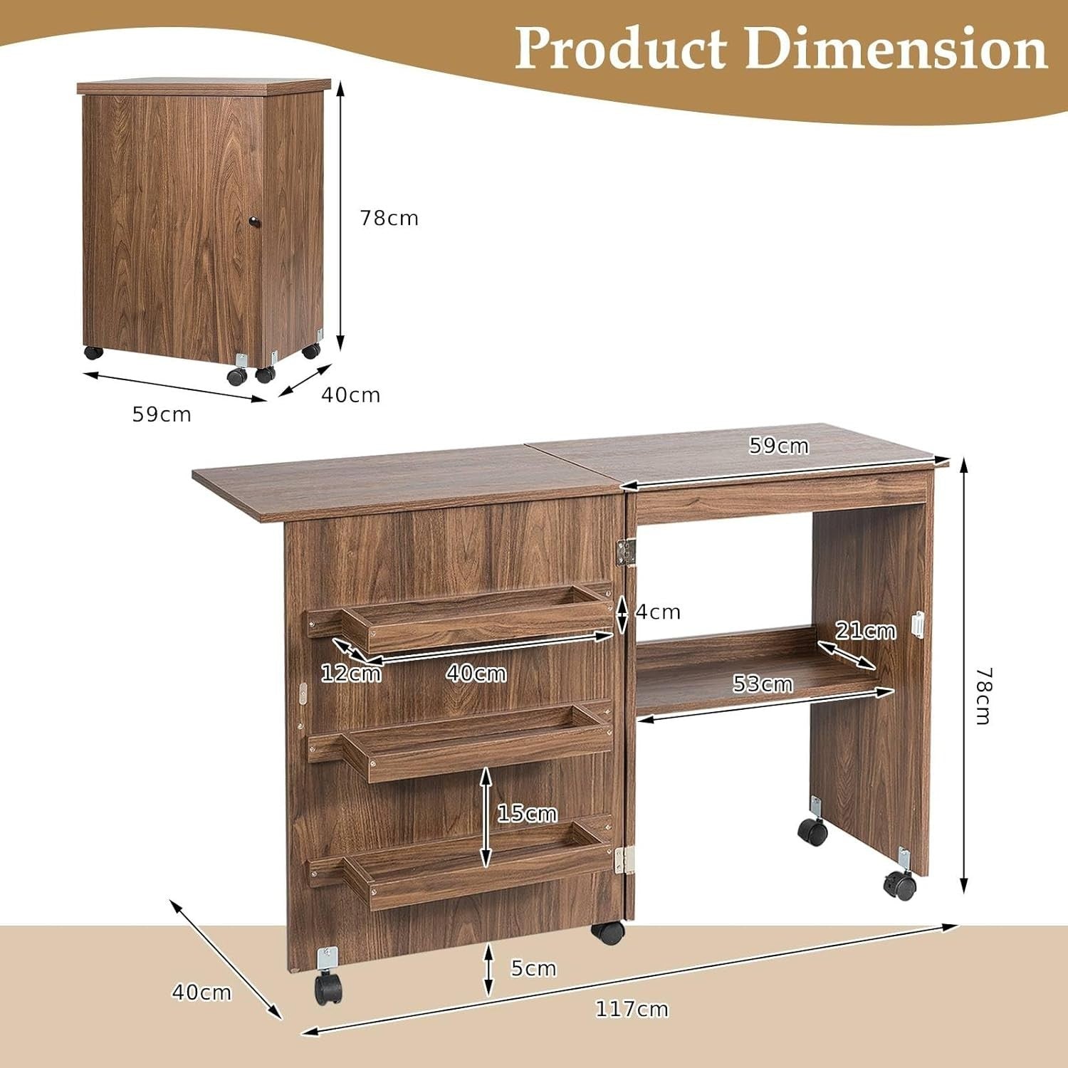 Folding Sewing Table 117cm Mobile Craft Desk with Shelves & Wheels Brown