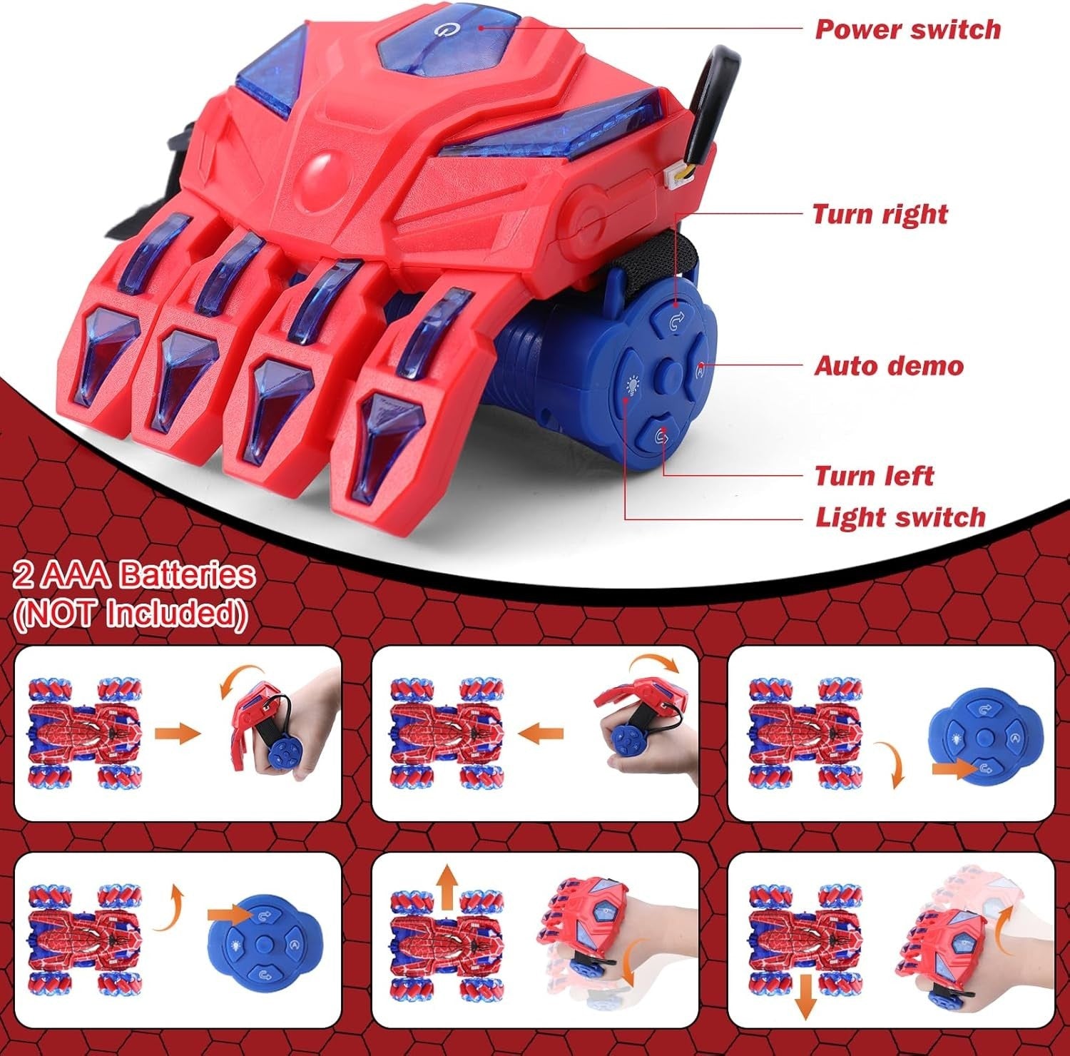 Spider Gesture RC Car 4WD 360° Flip Double Sided Light Up Toy for Kids