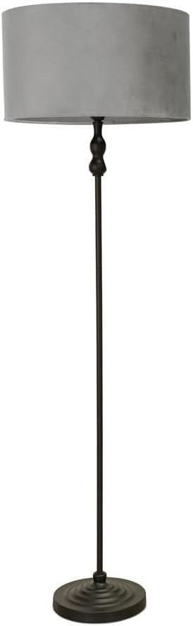 Black Metal Floor Lamp with Grey Velvet Shade & LED Bulb, Modern Light