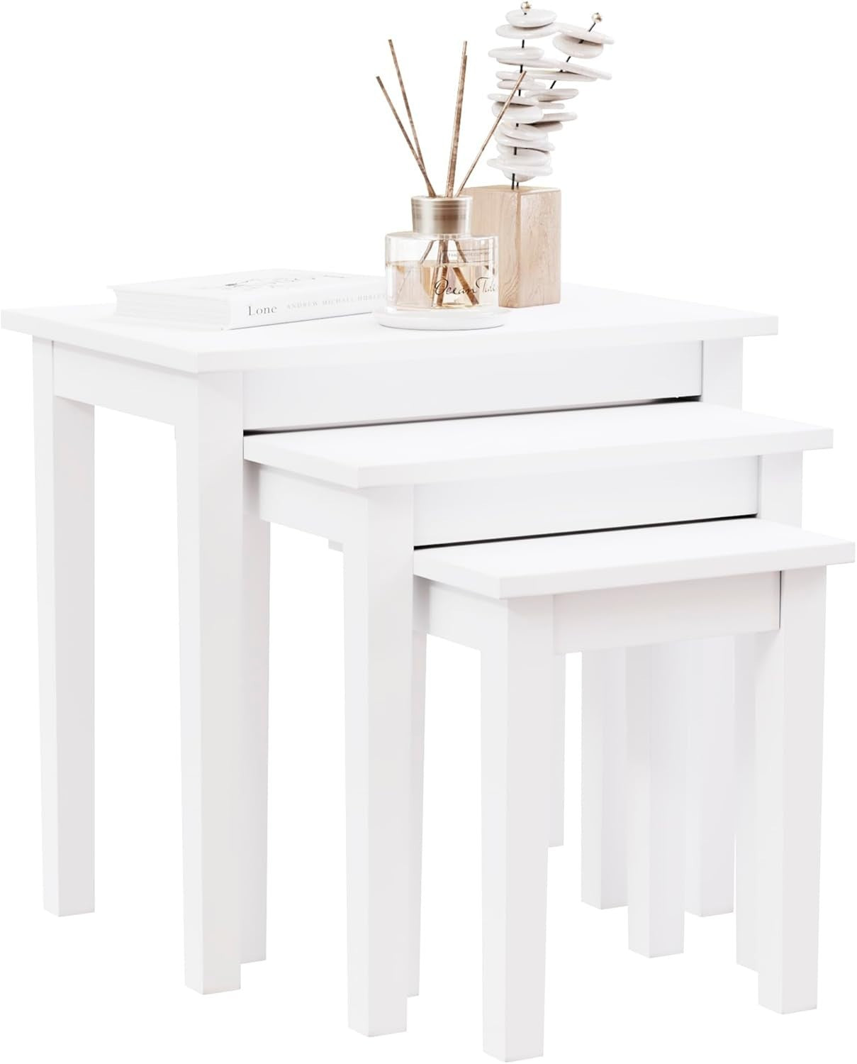 White Nesting Tables Set of 3 Modern Side End Coffee Table Wood Metal Frame