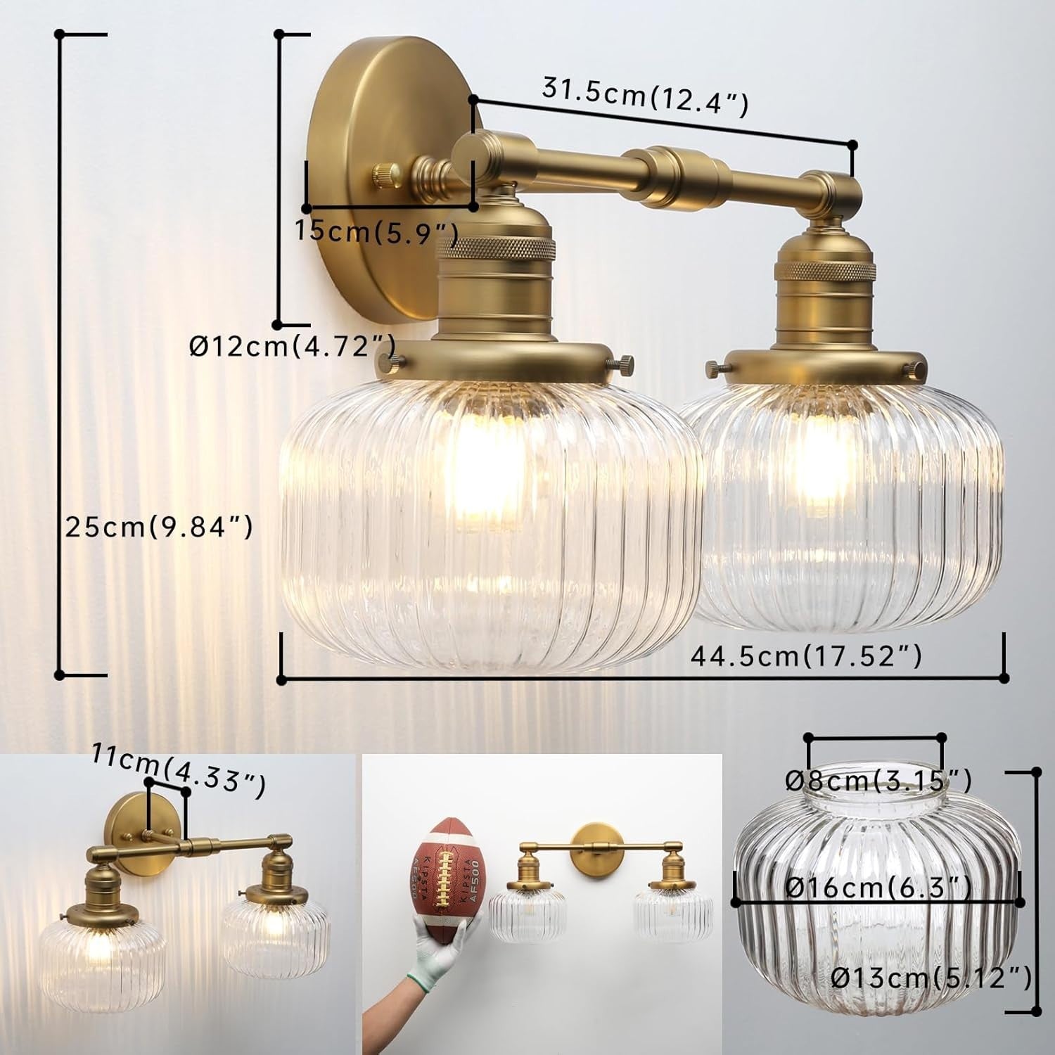 Industrial 2-Light Antique Brass Glass Wall Sconce | Vintage Bathroom Vanity Lig