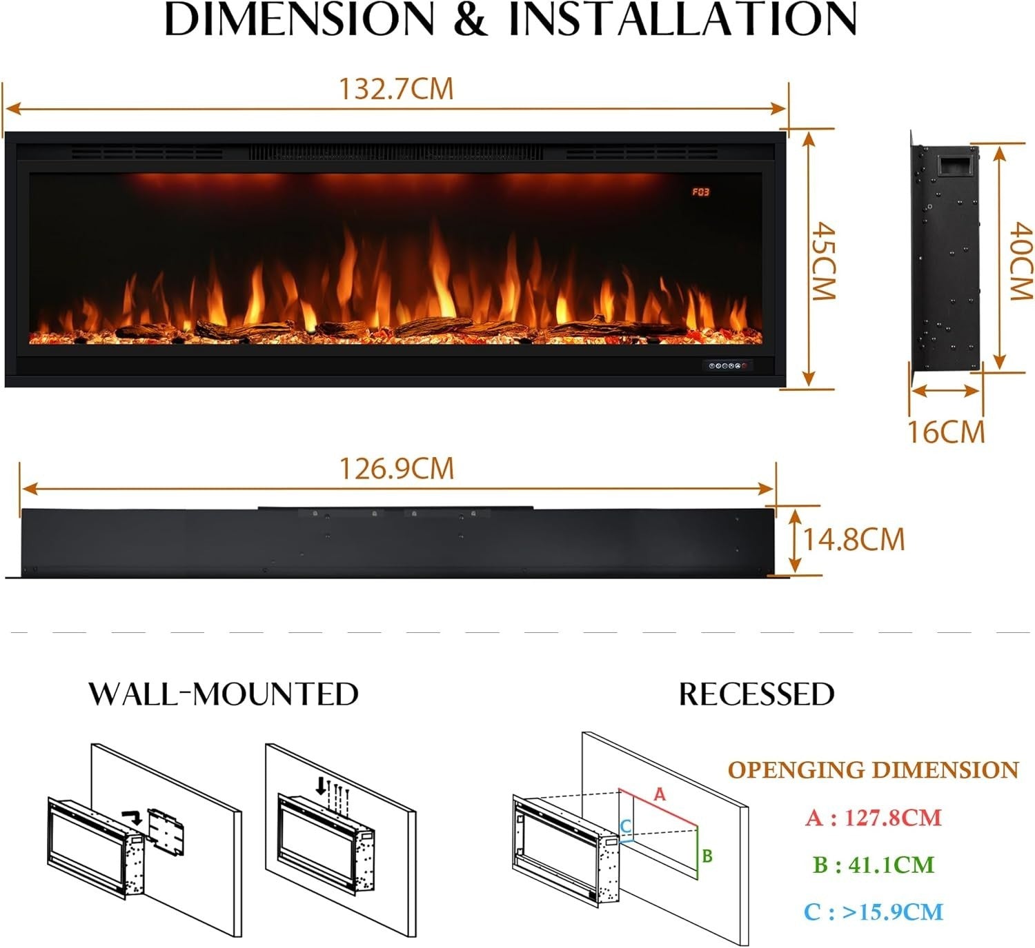 Electric Wall Mounted Fireplace 50" Recessed Heater Multicolor Flame Timer