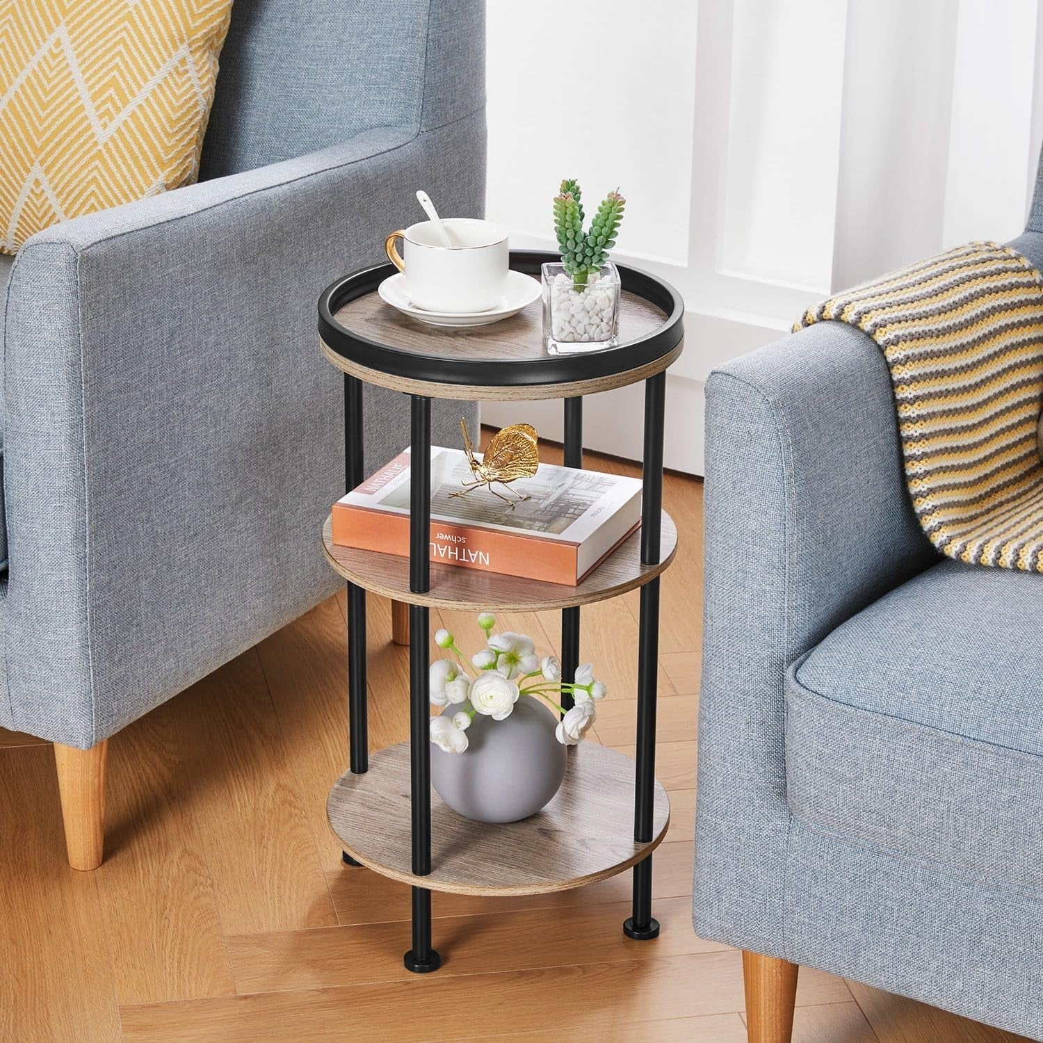 3 Tier Round Side Table with Storage Shelf Metal Frame Small Space Oak 30x55