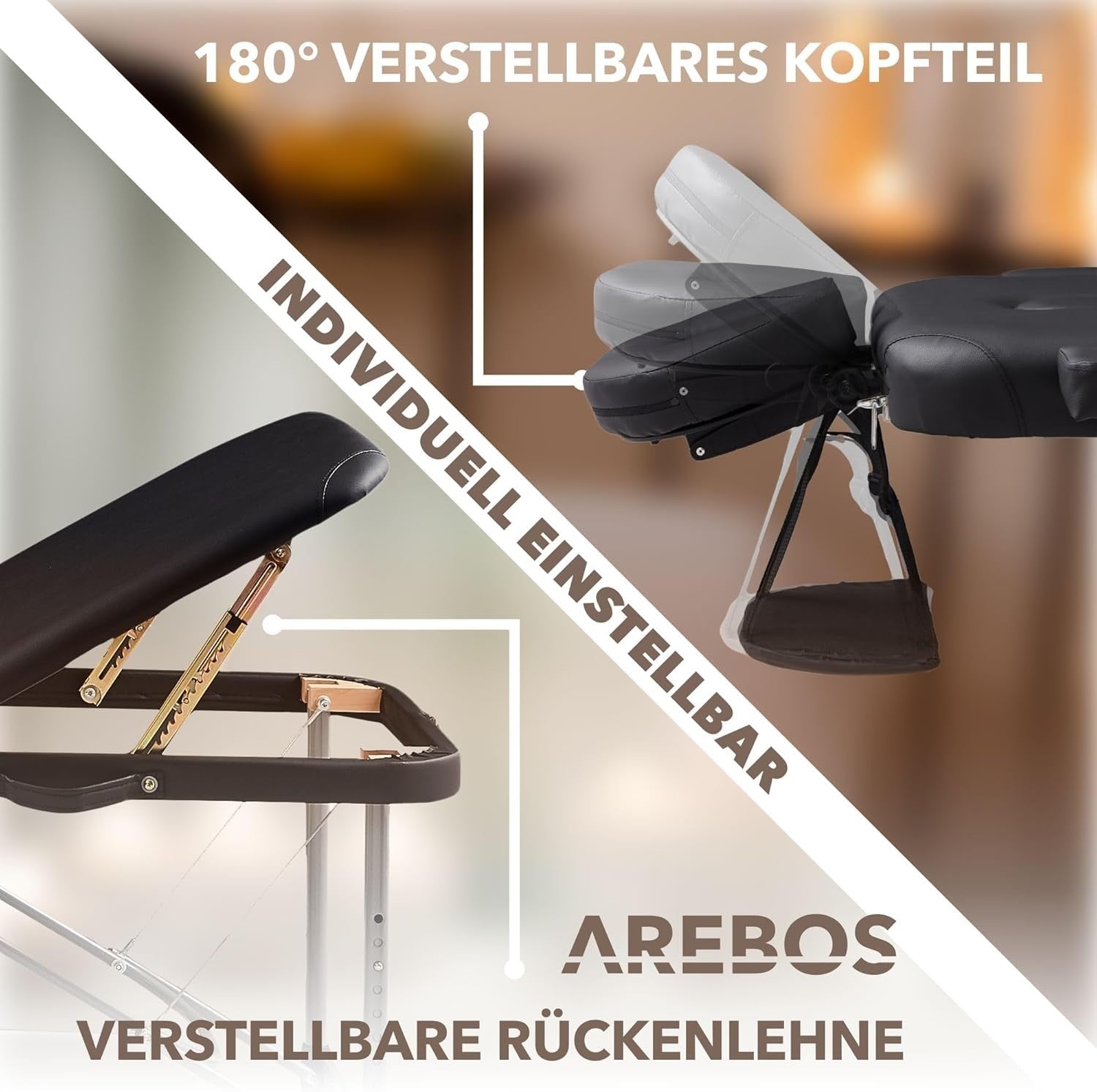 Arebos Portable Foldable Massage Table 3-Zone Height Adjustable Bed Black 60cm