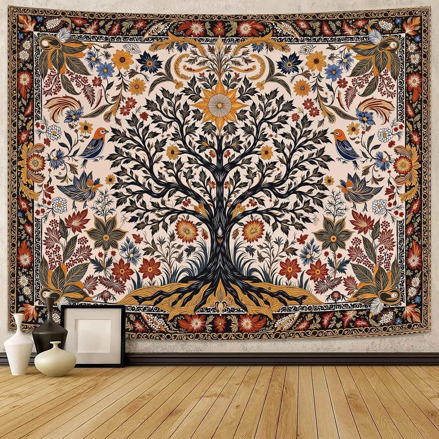 Folk Art Tree of Life Tapestry Sun & Birds Boho 44x60