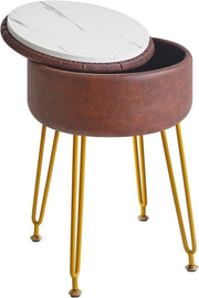 Dark Brown Faux Leather Round Storage Footstool – Vanity Stool with Gold Legs