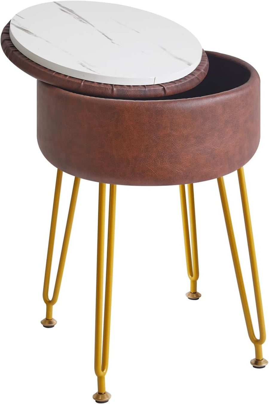 Dark Brown Faux Leather Round Storage Footstool – Vanity Stool with Gold Legs