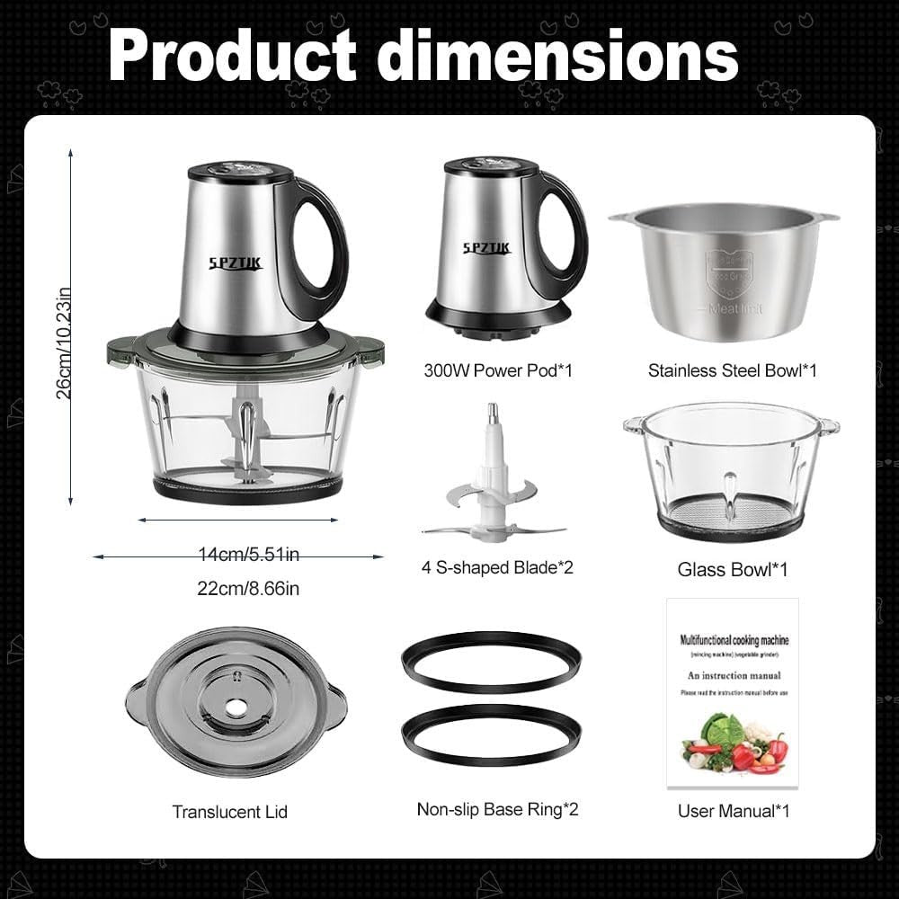 8 Cup Food Processor 300W Meat Grinder Dual Bowl 3 Speed Chopper