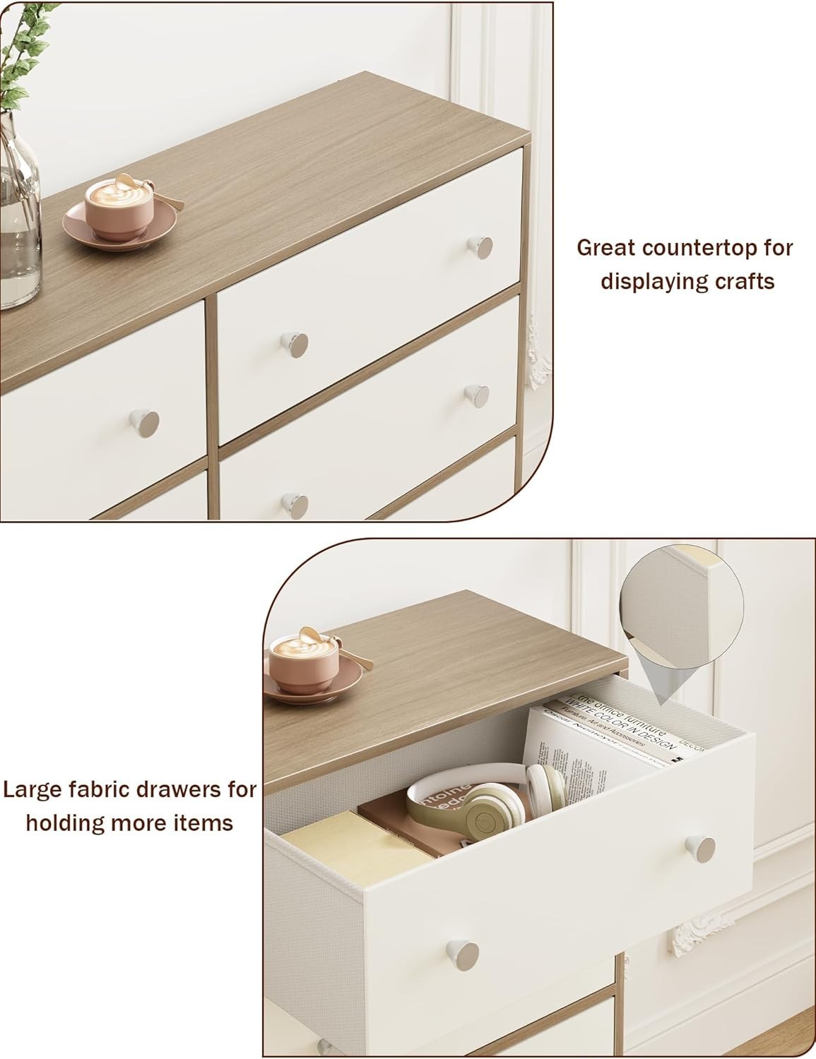 8 Drawer Fabric Chest Storage Unit White Wood Modern Bedroom Cabinet