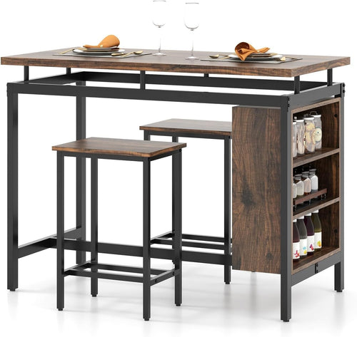 3 Piece Bar Table with Shelves & 2 Stools Space Saving Breakfast Dining Set Home