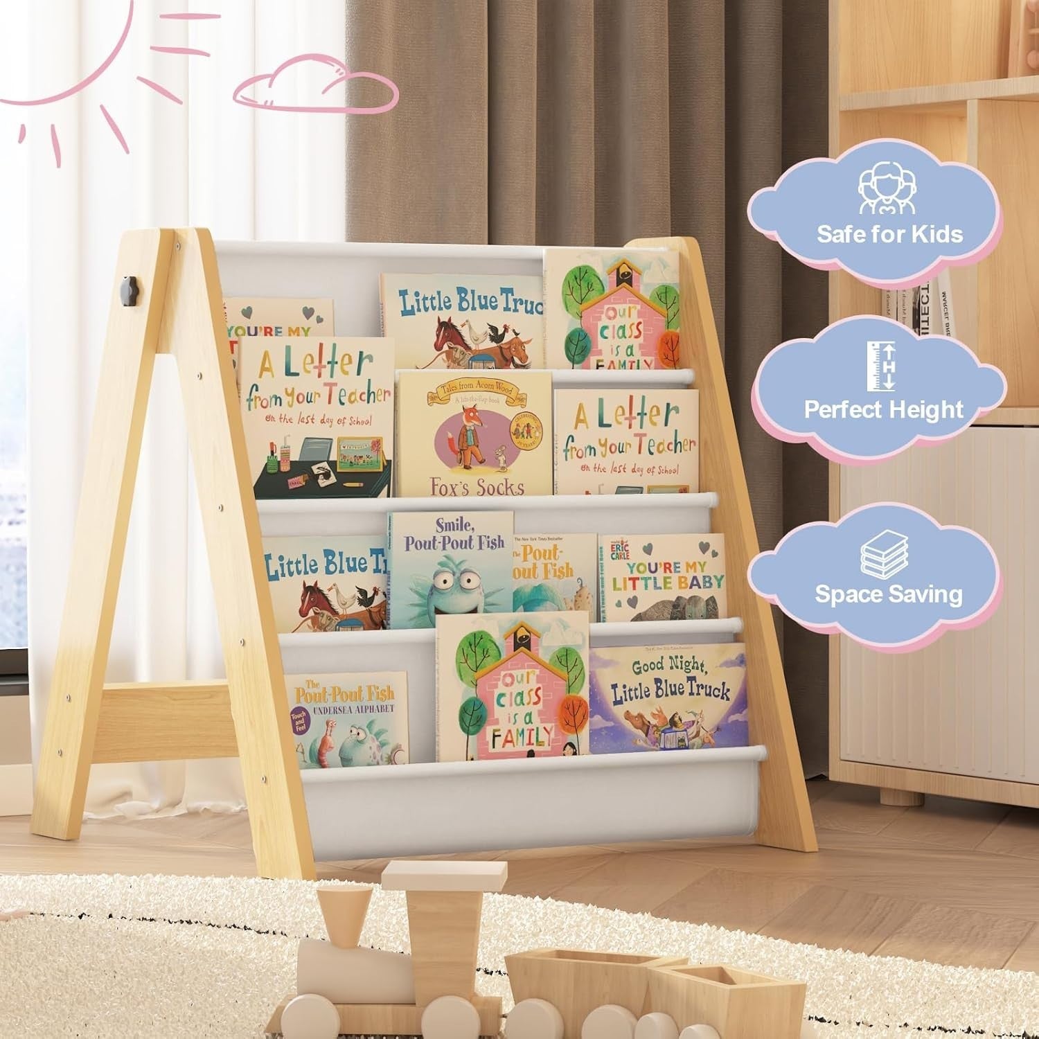 Kids 4 Tier Foldable Bookshelf with Deep Fabric Pockets, Durable Book Storage