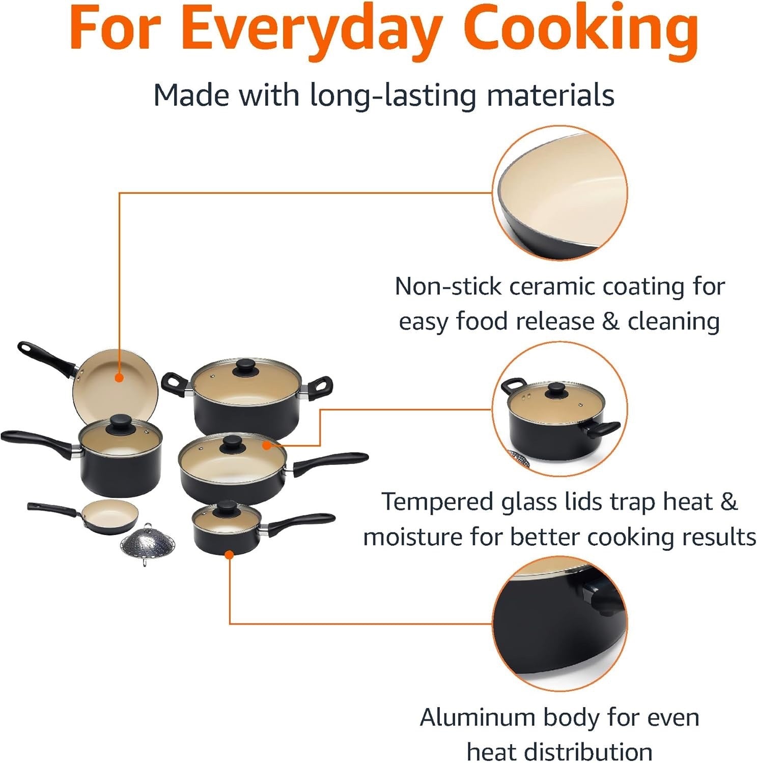 11pcs Ceramic Non Stick Cookware Set Black Cream PFOA Free Pots & Pans Kitchen