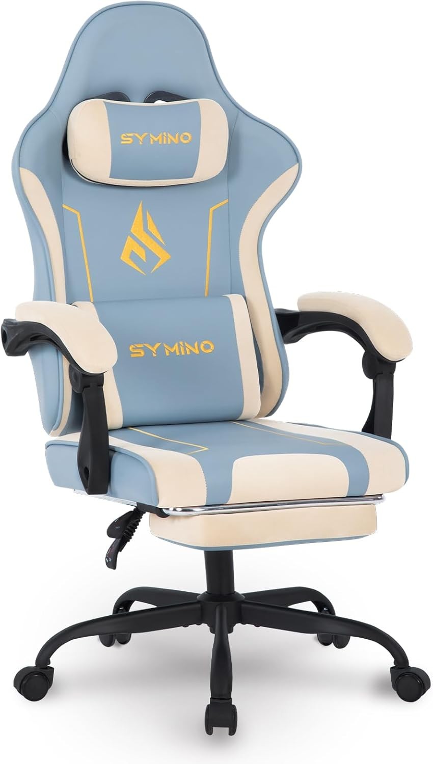 Ergonomic Gaming Chair Recliner w/ Footrest Lumbar PU Leather Blue