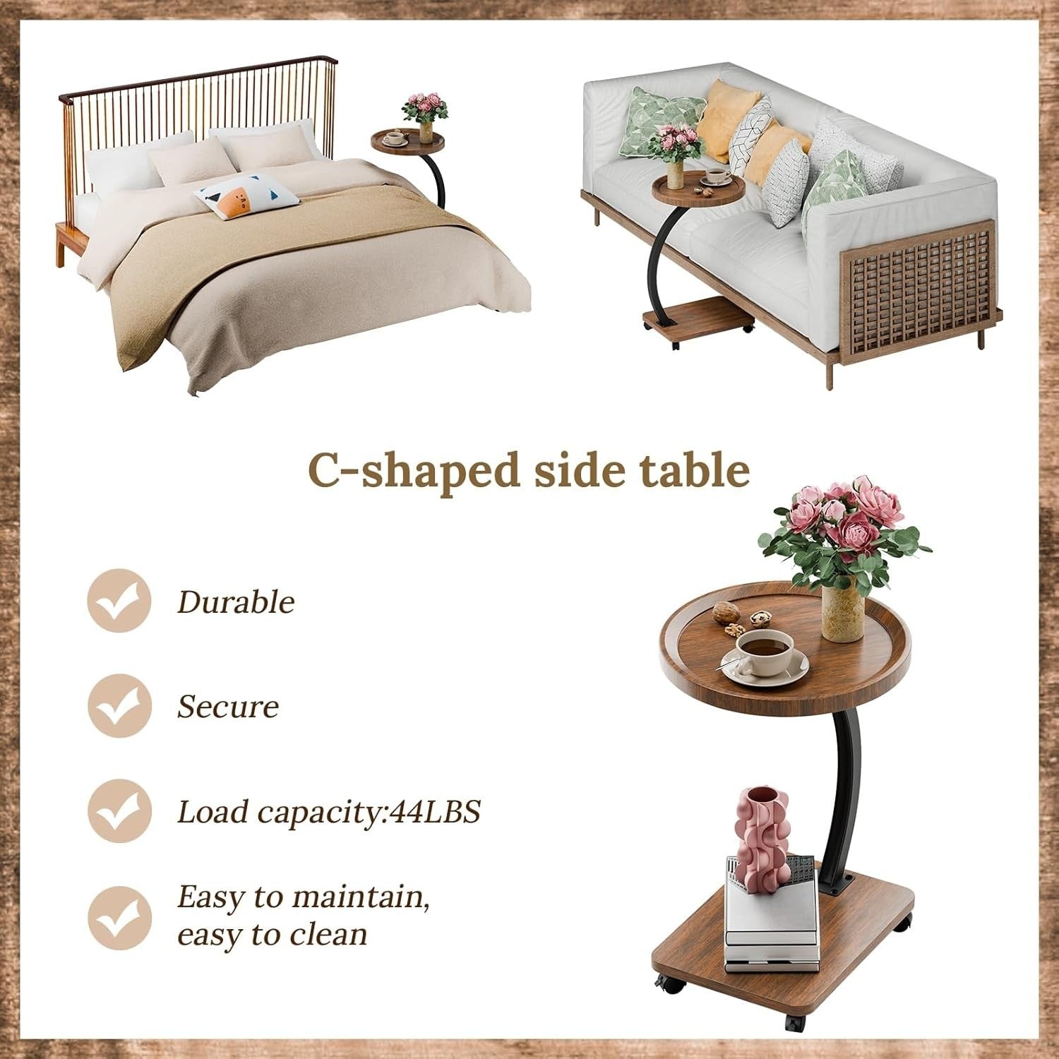 2-Tier C-Shaped Round Side Table with Casters Modern Small Sofa Desk