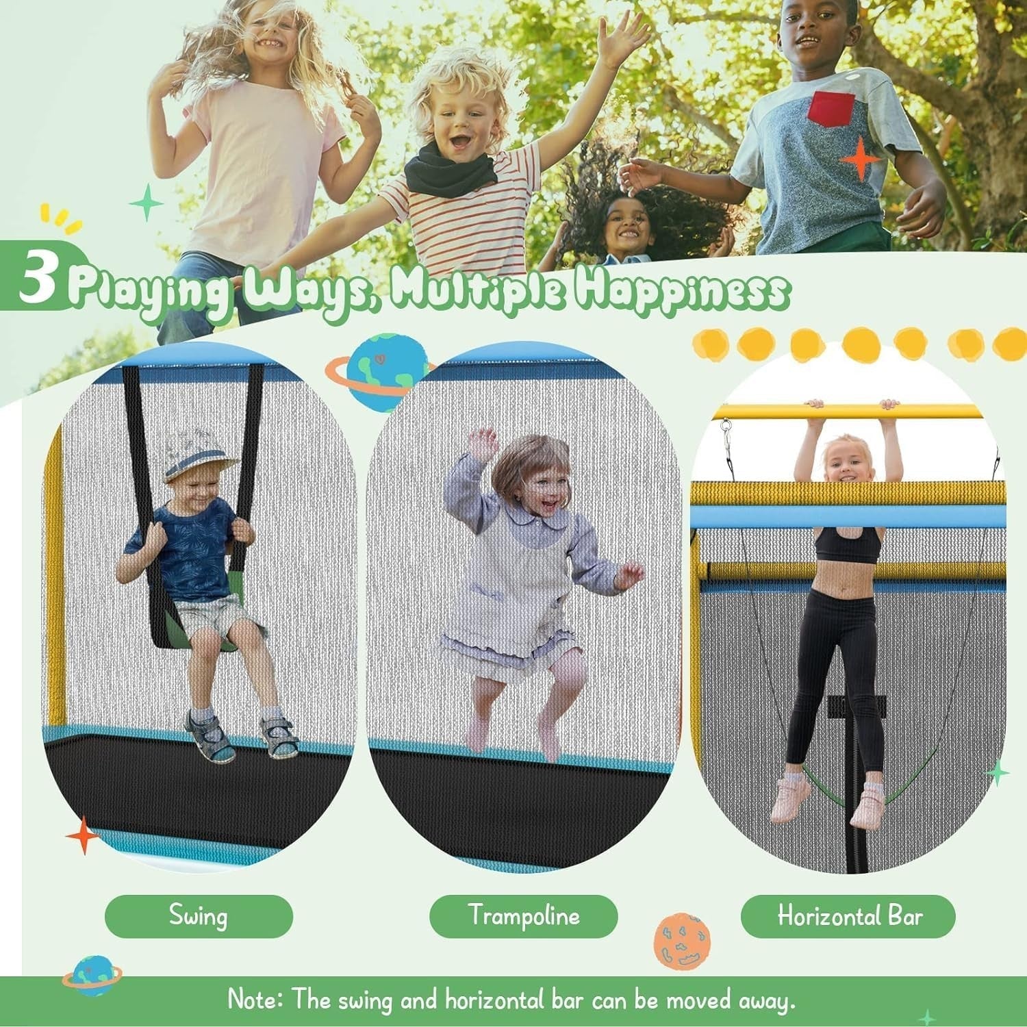 6FT Kids 3-in-1 Trampoline with Safety Net Swing Bar Indoor Outdoor