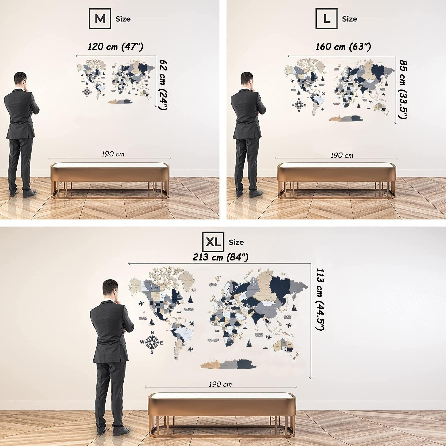 3D Wooden World Map Wall Art Alaska Travel Decor 120x62cm