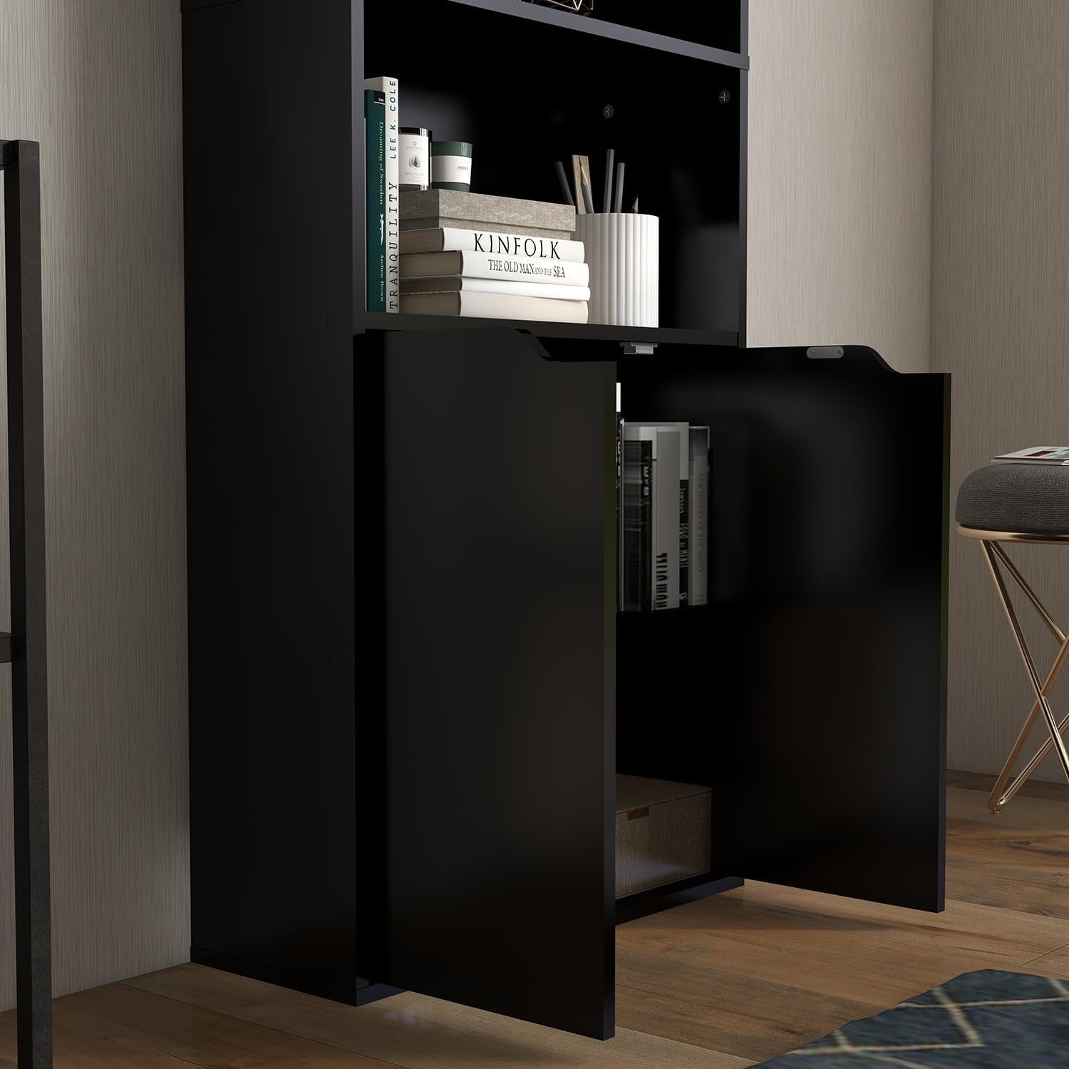 Tall 6 Tier Bookcase with Doors Modern Storage Cupboard Free Standing Shelves