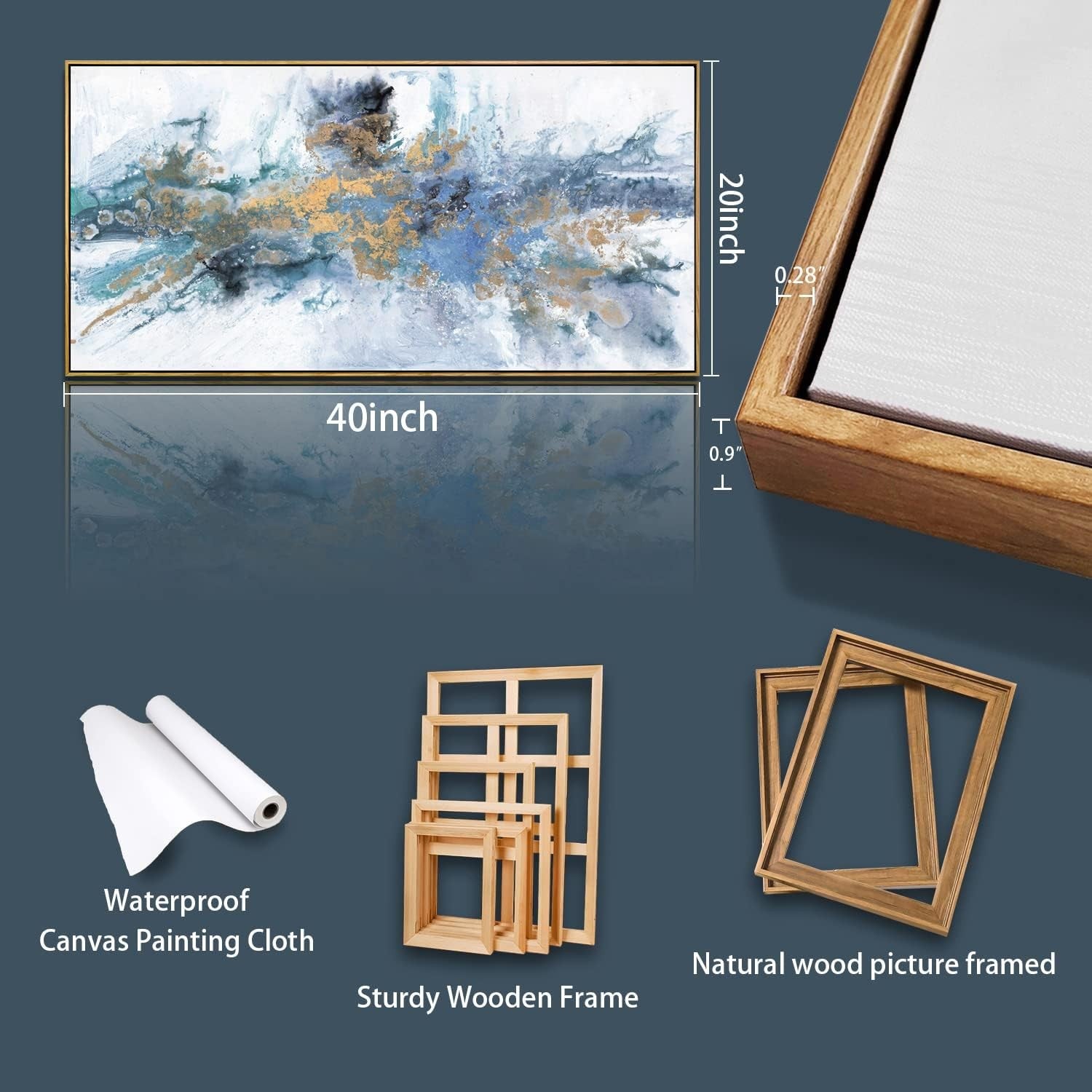 Large Abstract Wall Art Canvas – Modern Navy Blue Yellow Painting