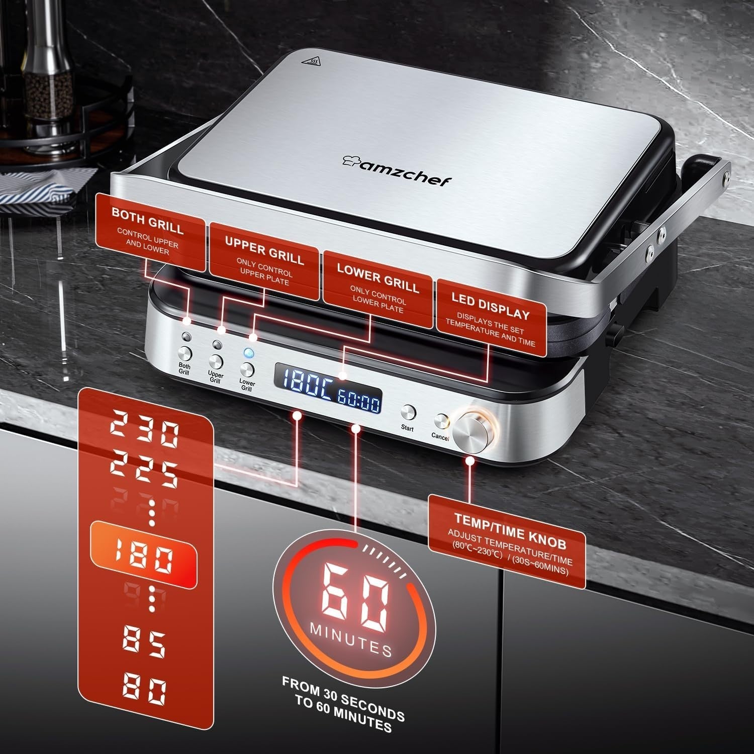 4-in-1 Panini Press Grill 2000W Waffle Sandwich 33x35cm Silver