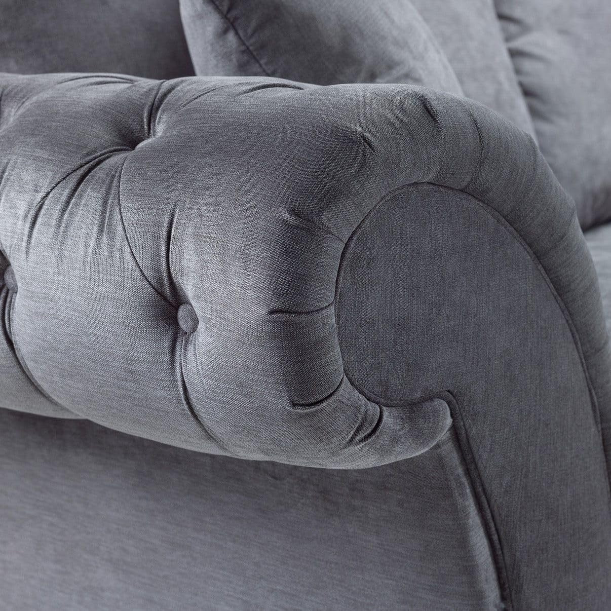 Grey 4 Seater Sofa with Chenille Fabric & Button-Tufted Scroll Arms.