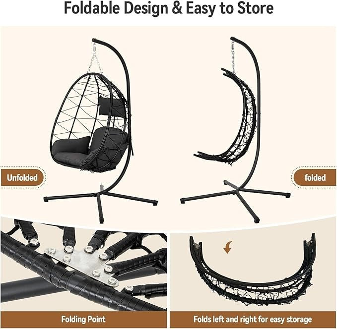 Rattan Hanging Egg Chair with Stand Swing Seat Cushion Indoor Outdoor Patio