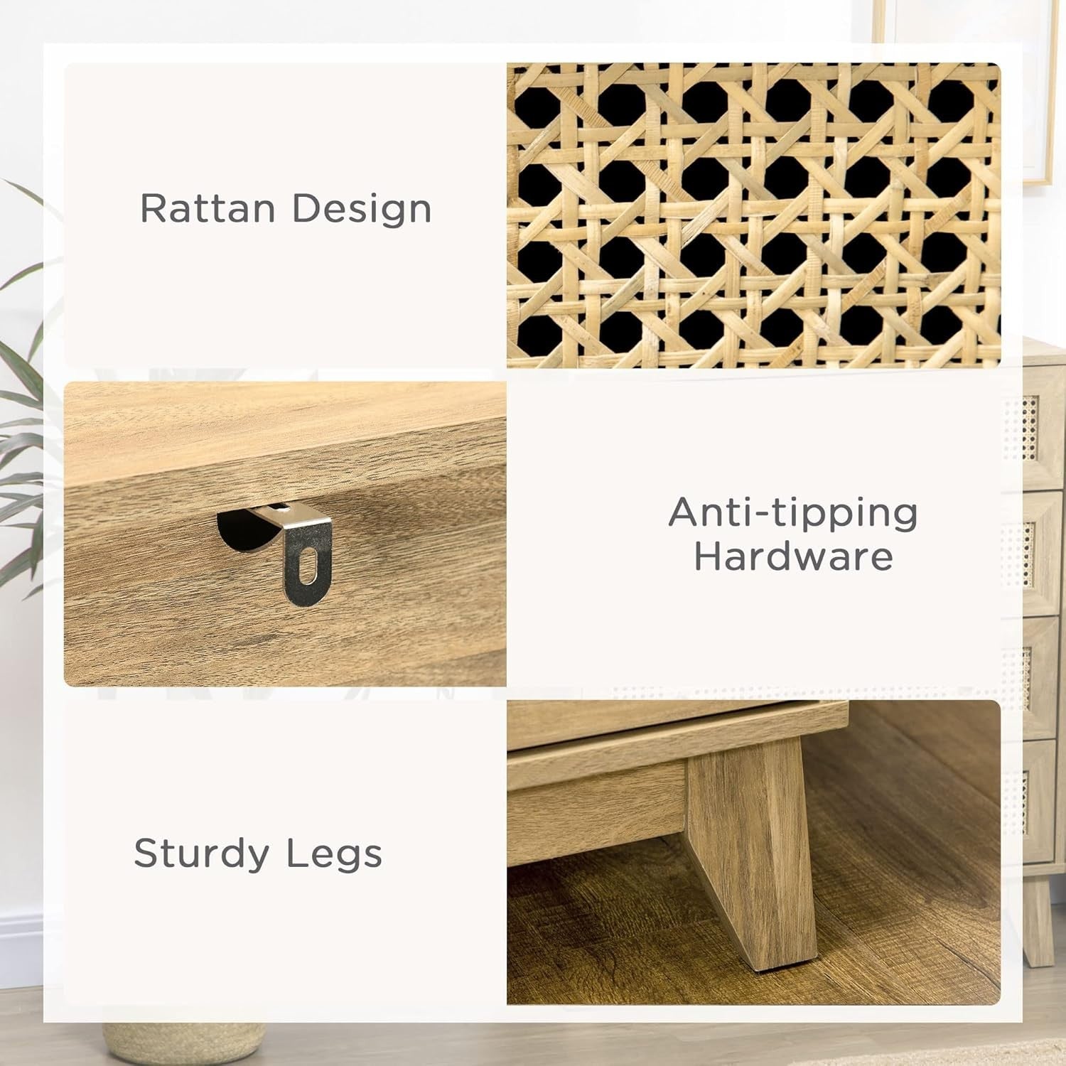 Rustic 4-Drawer Storage Chest with Rattan Panels Bedroom Organizer Unit
