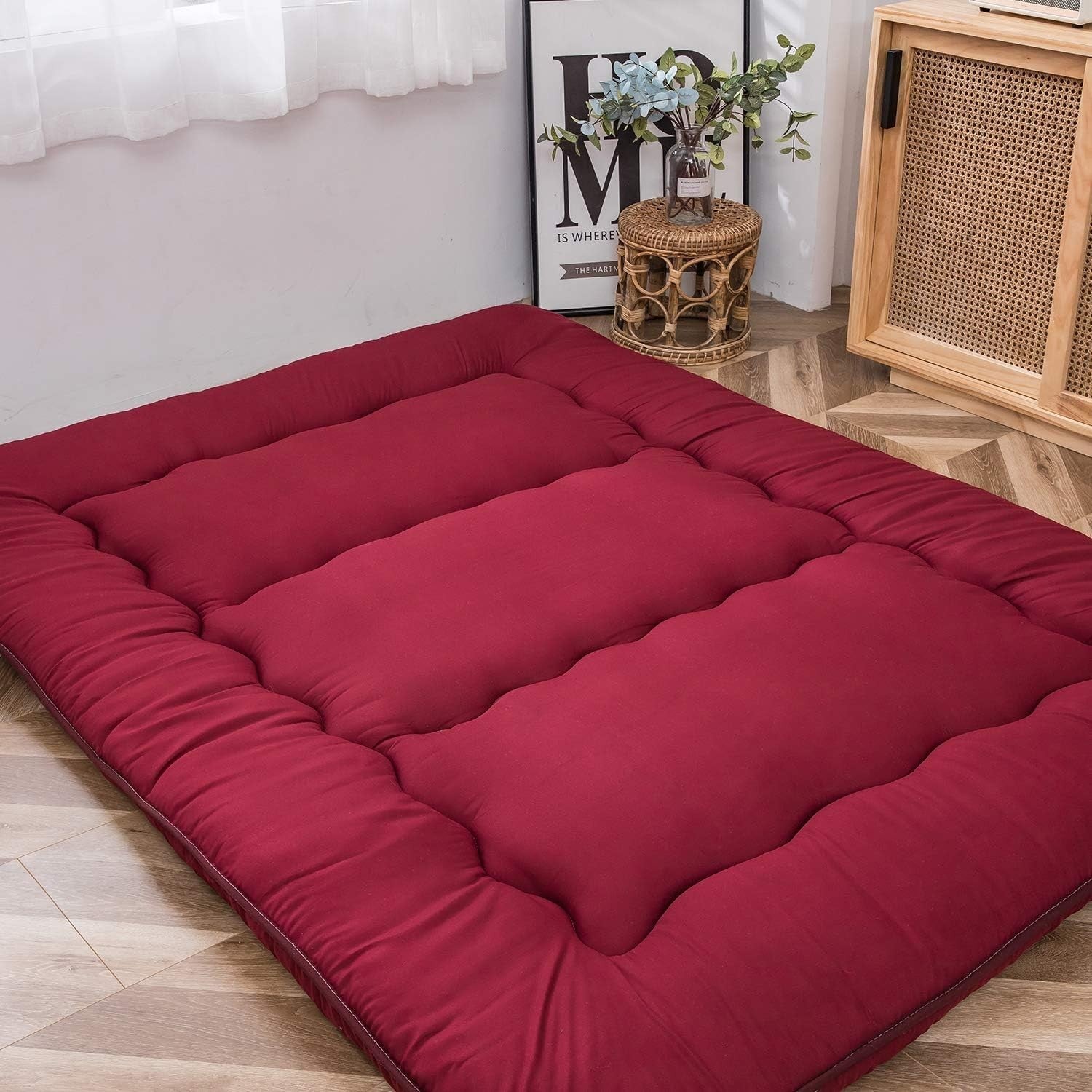 Burgundy Foldable Futon Mattress | Thick Quilted Floor Sleeping Pad, Portable