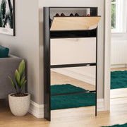 Mirrored Shoe Cabinet Black | 4 Drawer Slim Storage Unit 63x17x134cm