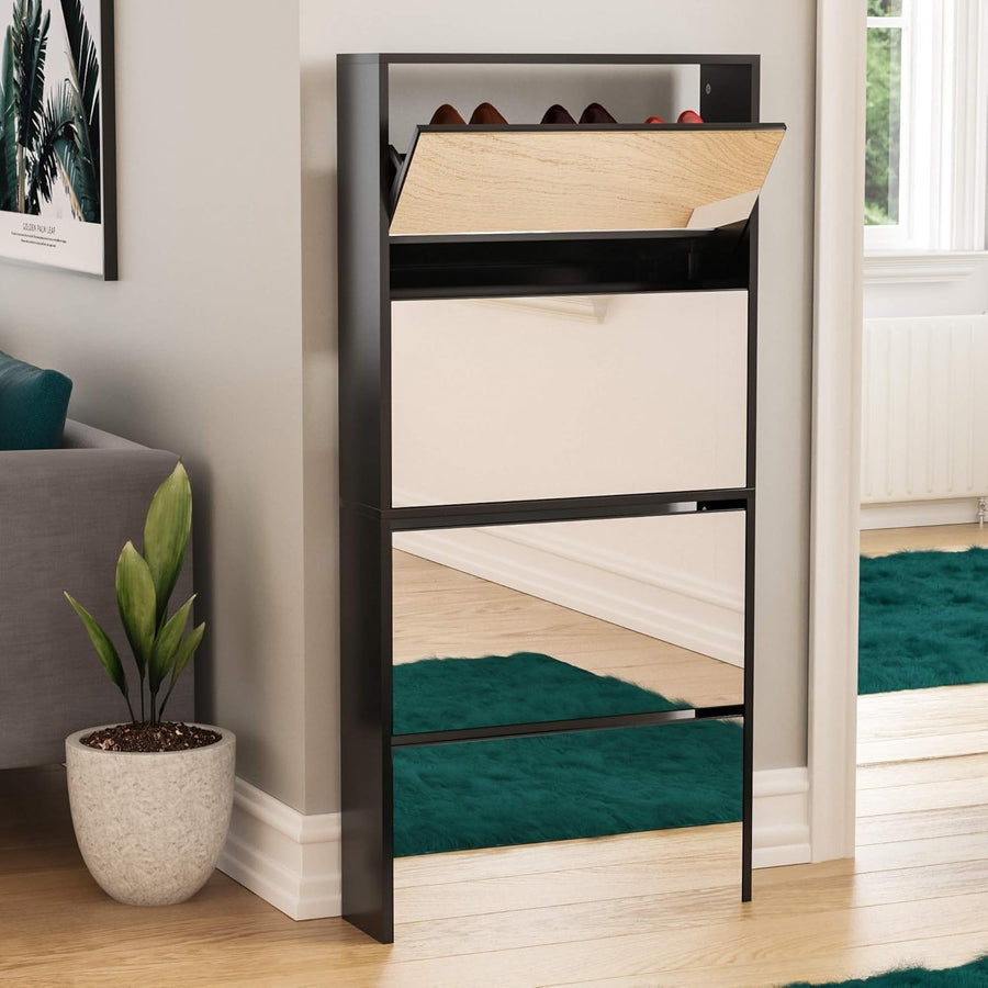 Mirrored Shoe Cabinet Black | 4 Drawer Slim Storage Unit 63x17x134cm
