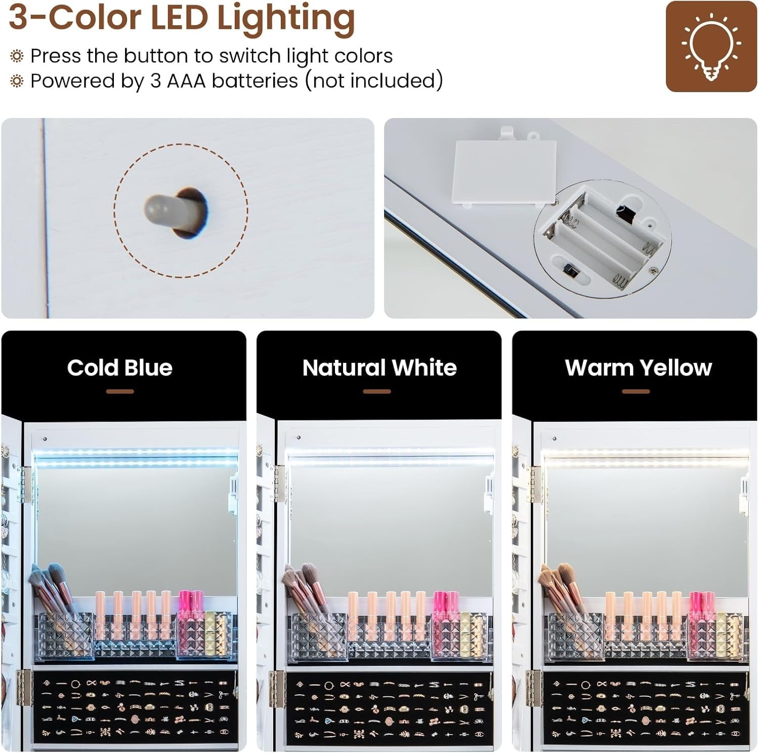 White 360° Rotating LED Jewellery Cabinet Lockable Mirror with Wheels